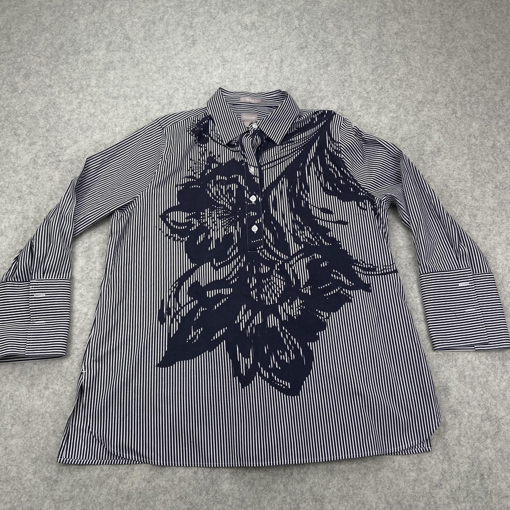Chico's Blouse Womens 2P Blue Stripe Floral No Iron Button Front Long Sleeve Top